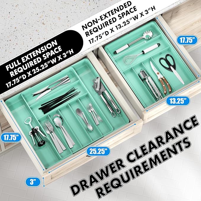 Simple Houseware Expandable Kitchen Drawer Flatware Organizer, Turquoise | Expandable & Adjustable Cutlery Drawer Organizer - Large Utensil and Flatware Tray for Kitchen Drawers