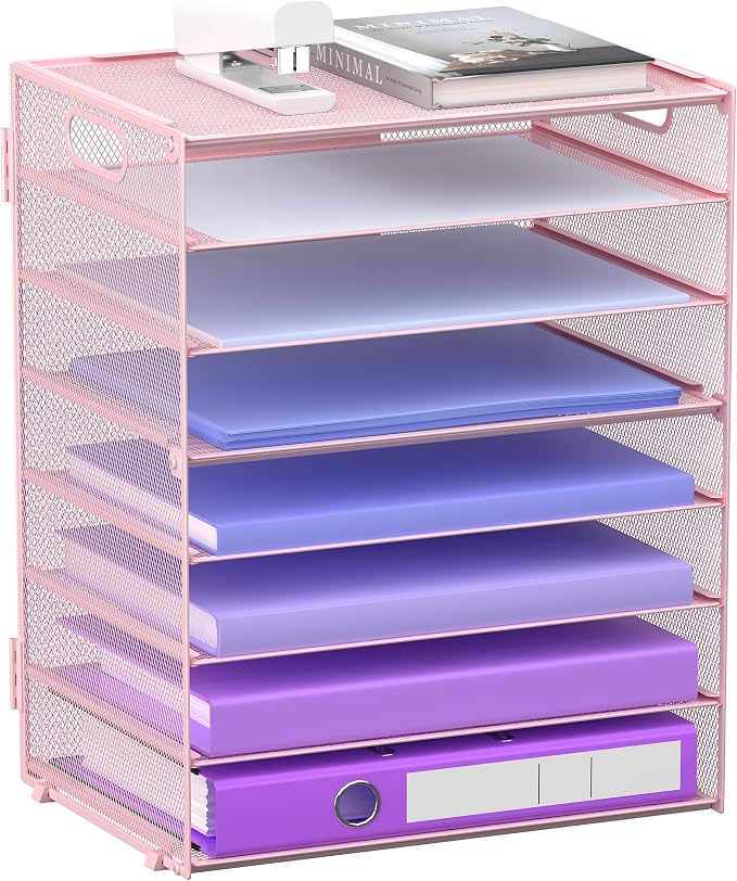 8 Tier Paper Letter Tray Organizer with Handles for Desk (Pink) | Mesh Desk File Holder Storage Organization for Home School Classroom & Office