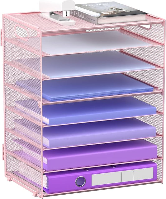 8 Tier Paper Letter Tray Organizer with Handles for Desk (Pink) | Mesh Desk File Holder Storage Organization for Home School Classroom & Office