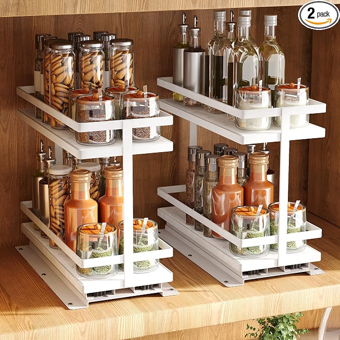 Pull Out Spice Rack 2Pcs Metal & Wood Seasoning Organizer White | No-Drill Install | Full-Extension Silent Glide | Each Tier Holds 10–12 Standard Spice Bottles | Rustproof, Wipe-Clean Surface