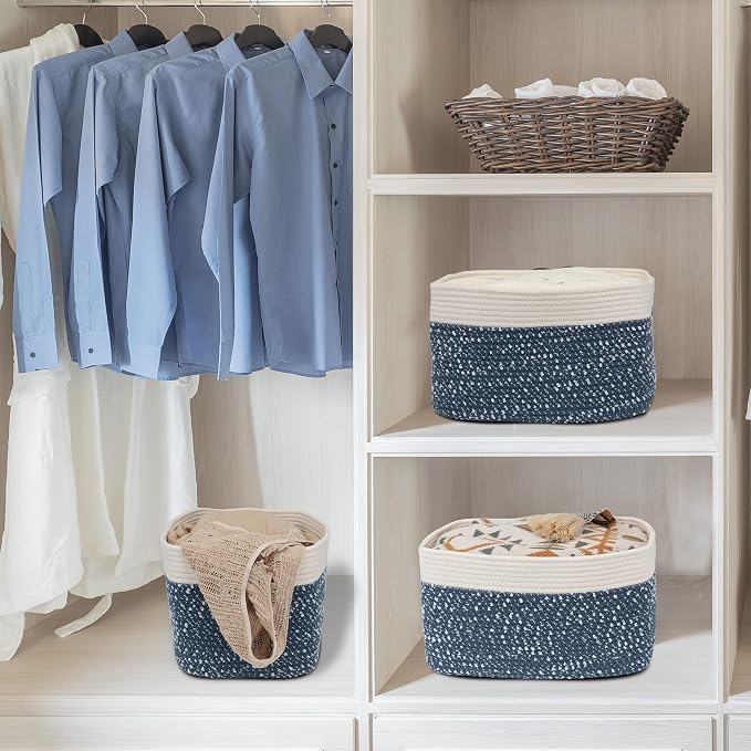XUANGUO Woven Cotton Rope Storage Baskets 15x10x9.3" 3 Pack White and Blue | Decorative rectangular storage baskets for shelves and closets; storage bins organize clothes, toys, books and nursery items.