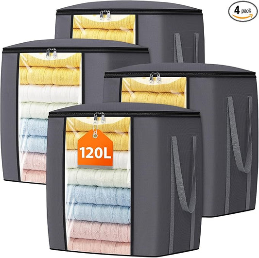 TasticTotes 120L Extra Large Blanket Clothes Storage Bags, Black, 4 Pack | Foldable Blanket Storage and Organization, Thick Fabric Containers with Reinforced Handles & Zippers for Comforters, Bedding