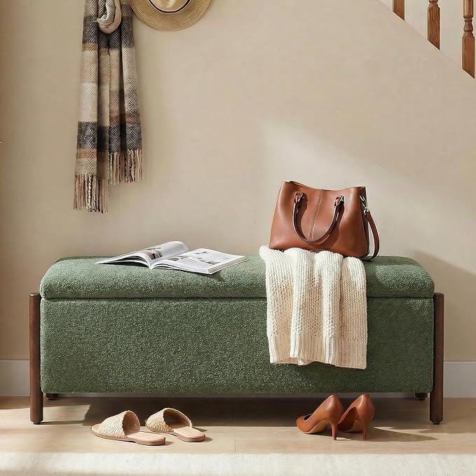 Usaint Wooden Storage Ottoman Bench, 47" Fabric Upholstered End of Storage Bench with Rubberwood Legs, Entryway Bench with Storage for Bedroom, Living Room, Reception, Cloakroom, Green