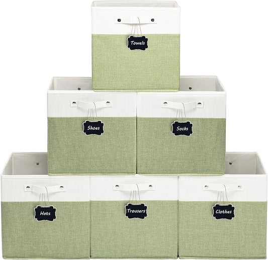 FinishingBo 13 inch Cube Storage Bins with Handles 6 Pack | Foldable Linen Storage Baskets, Closet Organizers, Shelf Baskets, White Green