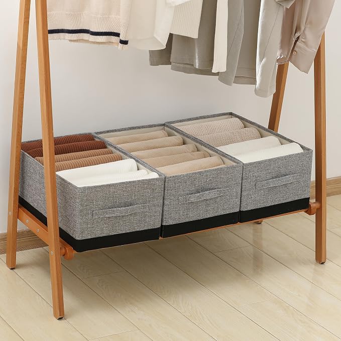 Linen Folding Storage Bins, 3 Pack Large Storage Baskets, Washable, Clothing Storage Bins with Handle, Closet Organizer for Storage Sweater,Sheets (gray black, 18½"x11 x8½)