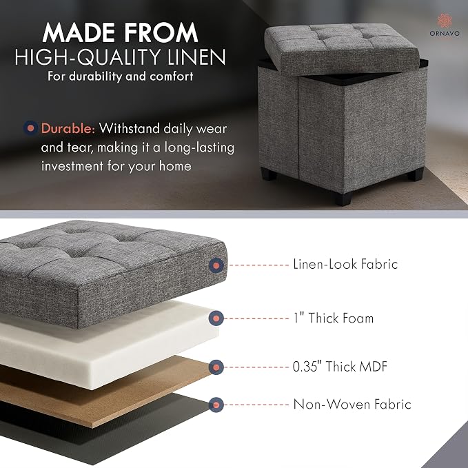 Ornavo Home Square Cube Storage Ottoman with Legs, 15x15x15, Dark Gray | Foot Rest Stool Seat; Holds Up to 600 lbs; Ideal for Living Room, Bedroom, Home Office or Dorm