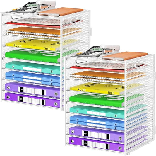 Cawukege 9 Tier Paper Organizer with Handle, Large Capacity Desk Organizer Mesh Paper Letter Tray File Folder Document Sorter for Classroom and Office Accessories Organization- White (2 Pack)