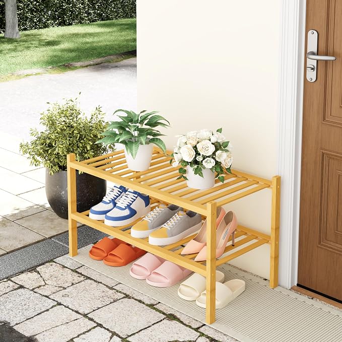 Smiry Bamboo Shoe Rack, 14 Vertical Slats, 2 Tier - 26.8" Wide, Natural | Stackable Free Standing Wooden Shoe Organizer, Wood Shoe Storage Shelf for Closet, Entryway, Thicher Leg