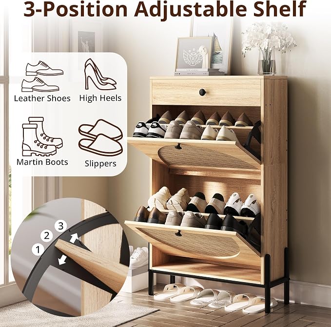 IRONCK Narrow Shoe Cabinet with 2 Flip Drawers and Rattan Doors, Oak | Shoe Storage Cabinet for Entryway, Free Standing Shoe Storage Organizer, Adjustable Shelves, Shoe Rack Cabinet