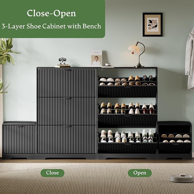 Xixini Shoe Storage Cabinet for Entryway with 3 Flip Drawers & Bench, Slim Wood Shoe Organizer with Modern Fluted Panel, Freestanding Narrow Shoe Rack for Front Door Entrance, Hallway, Foyer, Black
