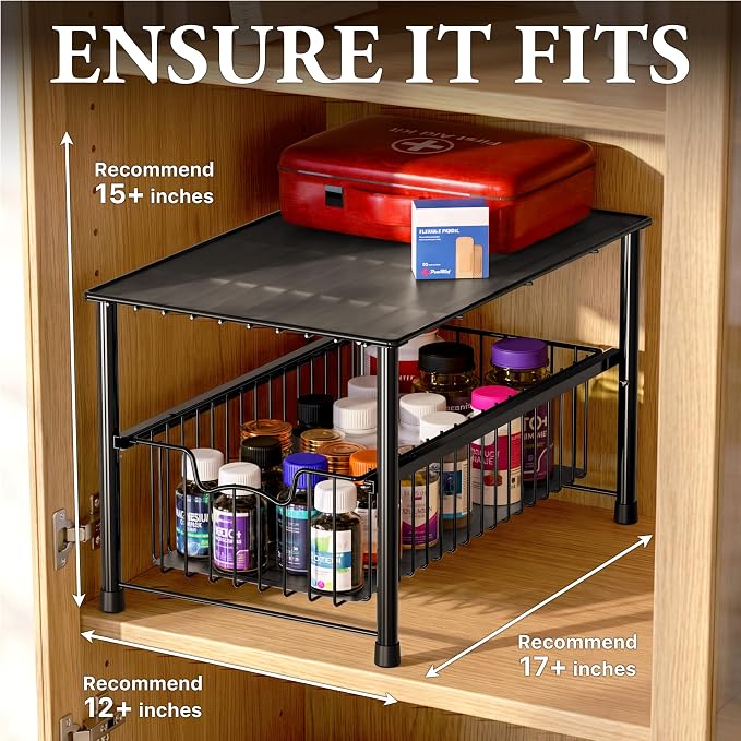 Simple Houseware Wired Stackable Under Sink Cabinet Sliding Basket, Black | Free Standing Organizer Drawer, Kitchen/Pantry/Cabinet/Counter
