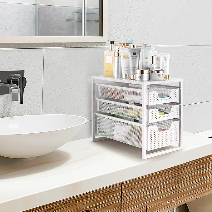 Simple Trending 3-Tier Under Sink Organizer with Sliding Storage Drawer | Metal Cabinet Organizer, Multi-Purpose Desktop Organizer for Kitchen Bathroom Office, Stackbale, Space Saving, White