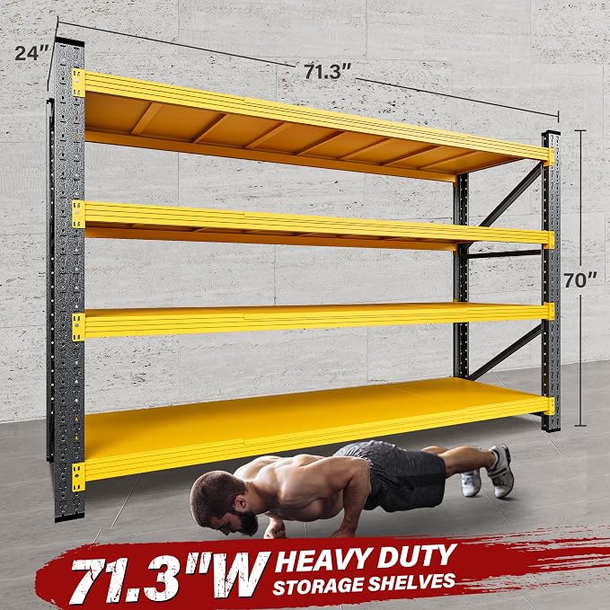 71.3" Wide Heavy Duty Garage Shelving Units,5000LBS Deep Storage Shelves,Yellow Metal Garage Shelves,Steel Shelf,Large Storage Rack,Industrial Shelving for Shop,Warehouse,Basement,71.3"W x 24"D x 70"H