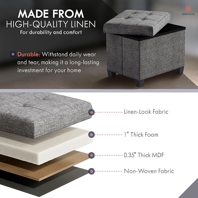Ornavo Home Small Rectangle Storage Ottoman with Legs, 12x16x12, Dark Gray | Foot Rest Stool Seat; Holds Up to 600 lbs; Ideal for Living Room, Bedroom, Home Office or Dorm