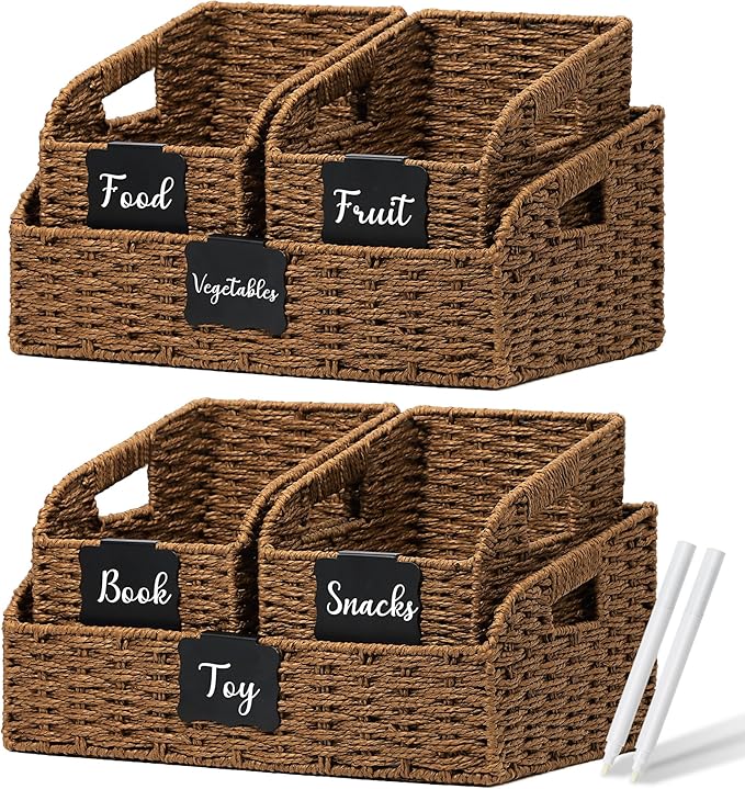 Wicker Baskets for Organizing, Pantry Baskets with Built-in Handles, Handwoven Large Storage Basket - Paper Storage Bins for Shelves, 3 Pack, Brown - 2 Set