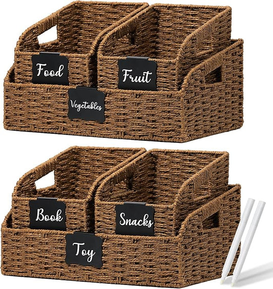 Wicker Baskets for Organizing, Pantry Baskets with Built-in Handles, Handwoven Large Storage Basket - Paper Storage Bins for Shelves, 3 Pack, Brown - 2 Set