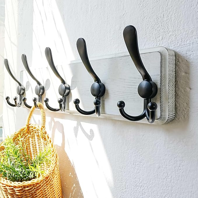 Coat Rack Wall Mounted - 5 Tri Hooks, Heavy Duty, Wooden Wall Coat Hanger Coat Hook for Clothes Hat Jacket Clothing, White & Black