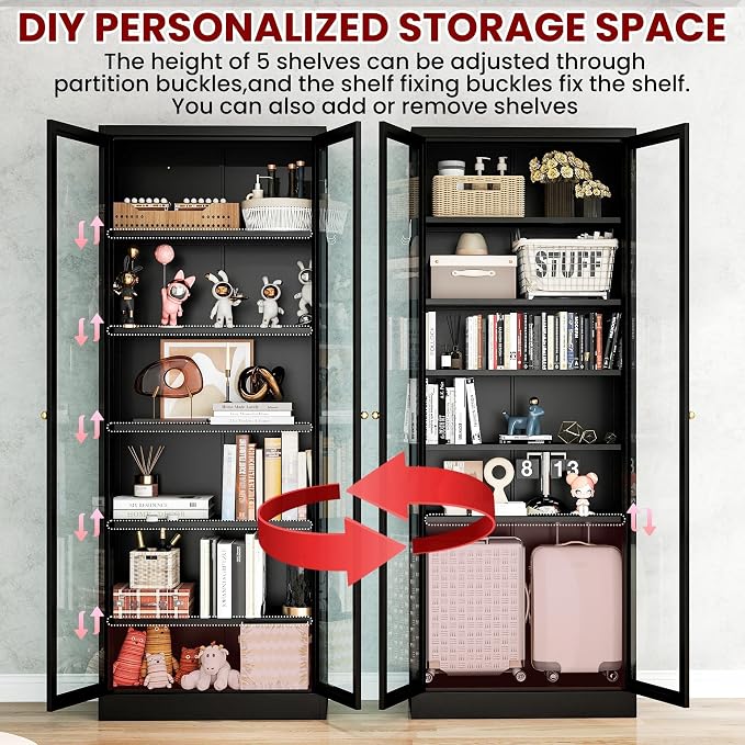 AQY Kitchen Pantry Cabinet,Black 73" Tall Pantry Storage Cabinet with Doors and Adjustable Shelves, Metal Food Pantry Cabinets with Handle, Freestanding Cupboard for Living Room-Assemble Required