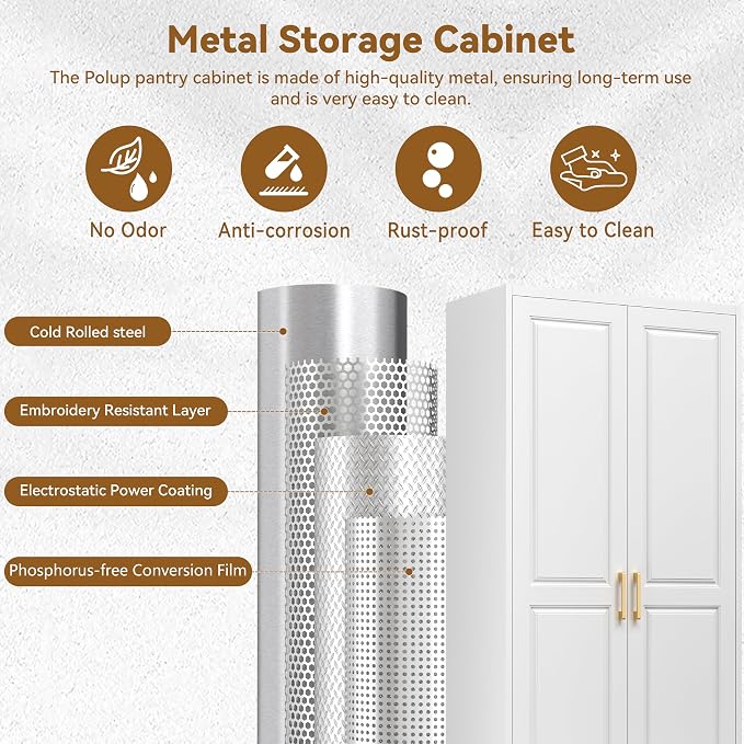Polup 75" Pantry Cabinet, Tall Metal Storage Cabinet with Doors and Shelves | White Kitchen Cabinet, 5 Adjustable Shelving, Heavy-Duty Steel, Gold Handles, 4 Standing Feet, for Garage Office & Laundry