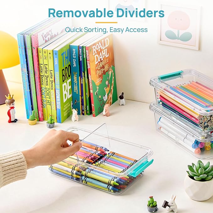 Vtopmart 12 Pack 1.5Qt Clear Pencil Box, Plastic Pencil Holder with Removable Divider for Pen Organizer, Small Stackable Containers with Lid for Pen, Art Craft, Sticker, Scrapbook & Office Supplies