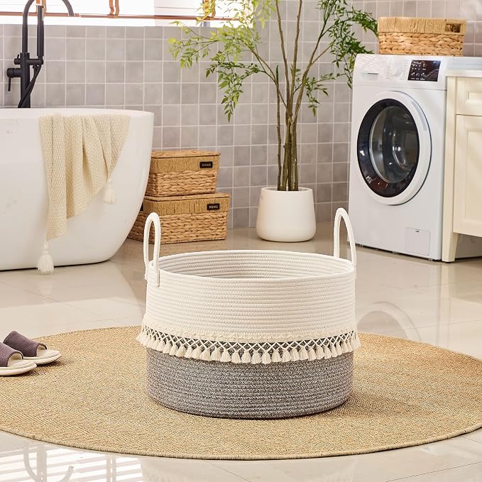 KAKAMAY Large Blanket Basket with Handles, Storage Basket for Living Room | Extra Large Capacity | Natural Cotton Rope | Blanket Storage | Woven Storage Basket | Stuffed Animal Storage | Laundry Basket