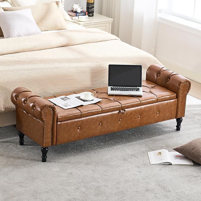 Storage Bench 67" Faux Leather End of Bed Benches Brown | King Size Storage Bench for Bedroom with Rolled Arms Tufted Ottoman Benches Upholstered Bench for Living Room Entryway