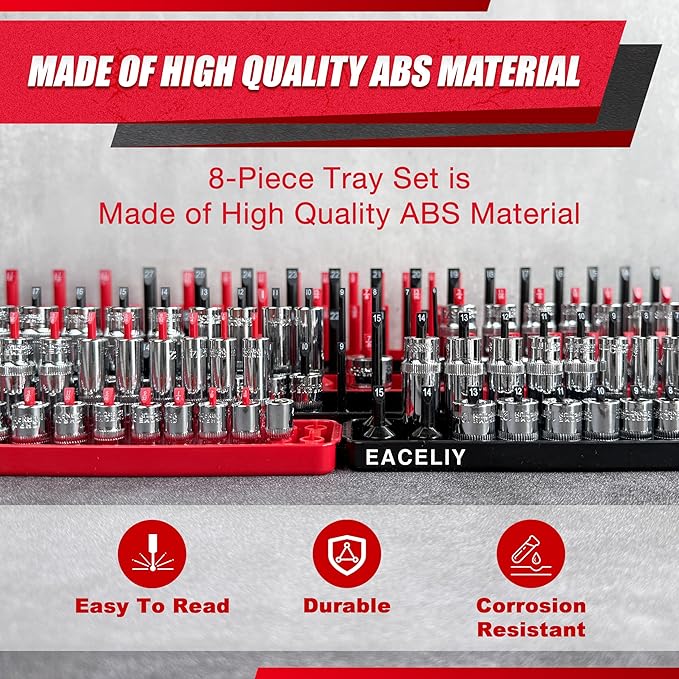 EACELIY Socket Organizer Tray Set,1/2", 1/4" and 3/8" SAE & Metric Deep & Shallow Socket Holder Kit, Deep and Shallow Socket Holders for Toolboxes(sockets not included) 丨8PCS