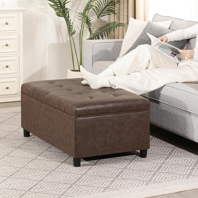 Joveco Rectangular Lift Top Storage Ottoman Bench, Faux Leather Storage Bench for Living Room Entryway Bedroom,Espresso