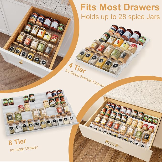 8-Pack Spice Rack for Drawer, White, 13" to 26"