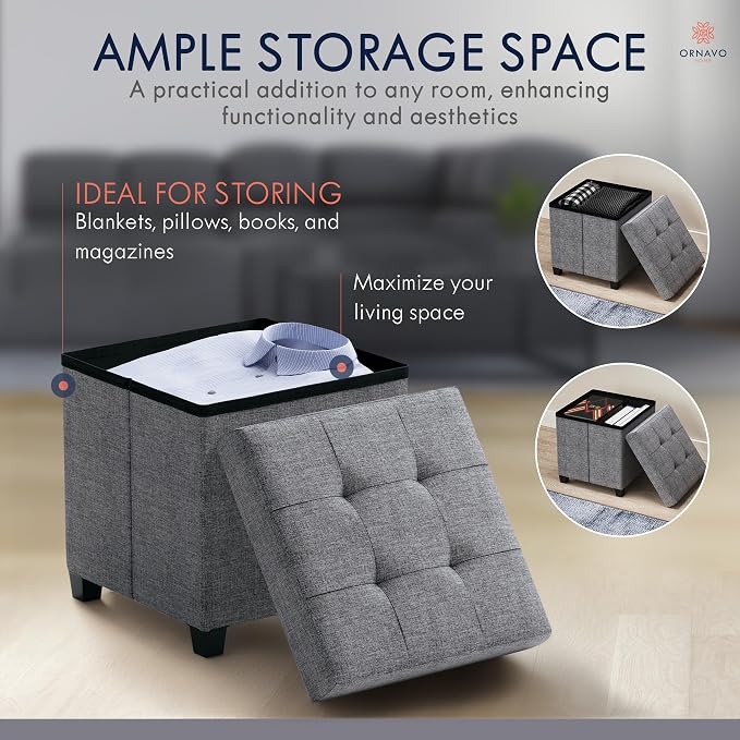 Ornavo Home Square Cube Storage Ottoman with Legs, 15x15x15, Gray | Foot Rest Stool Seat; Holds Up to 600 lbs; Ideal for Living Room, Bedroom, Home Office or Dorm