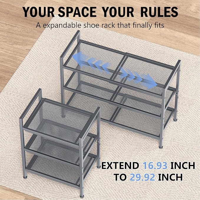 Shoe Rack, Expandable Shoe Rack for Closet, Adjustable Shoe Organizer for Entryway, Shoe Storage Organizer for Door Entrance, Garage, Bedroom (Grey, 3-Tier)