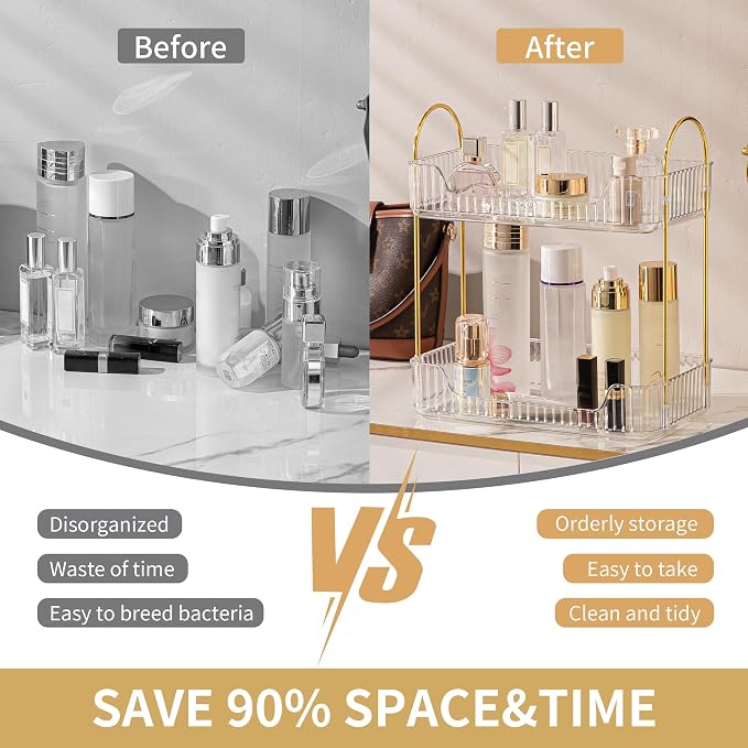 Akinbas 2 Tier Bathroom Organizer Countertop Makeup Perfume Tray Skincare Organizer for Bathroom Dresser Vanity (White)