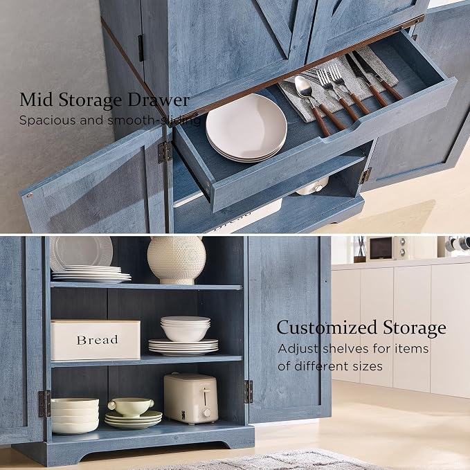 72" Tall Wooden Pantry Storage Cabinet with Door Shelves & Drawer | Farmhouse, Barn Doors, Adjustable Shelves, Freestanding, Anti-tip Kit, for Kitchen, Dining Room, Living Room