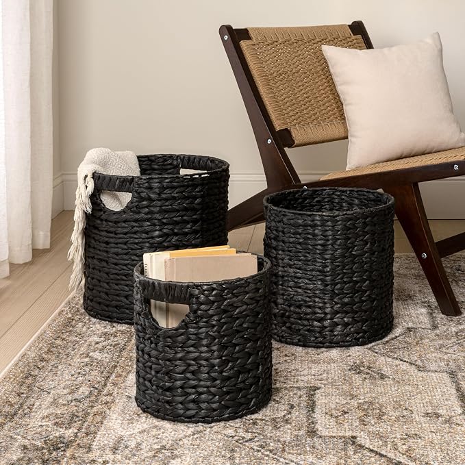 happimess Avery 3-Piece Cylinder Nesting Baskets 13", Black | Hyacinth, Bohemian Cottage Style, Handwoven Wicker, Iron Metal Frame, Decorative Storage For Toys And Books, Built In Handles