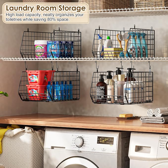Capacity Upgrade Edition Deeper 4'' 5 Tier Foldable Hanging Closet Organizer and Storage，Wire Cabinet Shelves and Rack with 5 S Hooks,Stackable Metal Basket Bins for Clothes Shoe Purse,Black