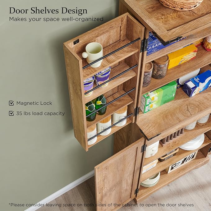 72" Tall Wooden Pantry Storage Cabinet with Door Shelves & Drawer | Farmhouse, Barn Doors, Adjustable Shelves, Freestanding, Anti-tip Kit, for Kitchen, Dining Room, Living Room