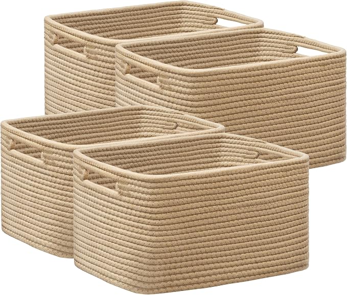 4 Pack Storage Baskets for Organizing, Woven Baskets for Shelves, Brown | 13"Lx9"Wx7.5"H, Woven Basket, Cotton Rope Basket, Toy Storage, Cube Shelf, Gift Baskets Empty, Home Decor