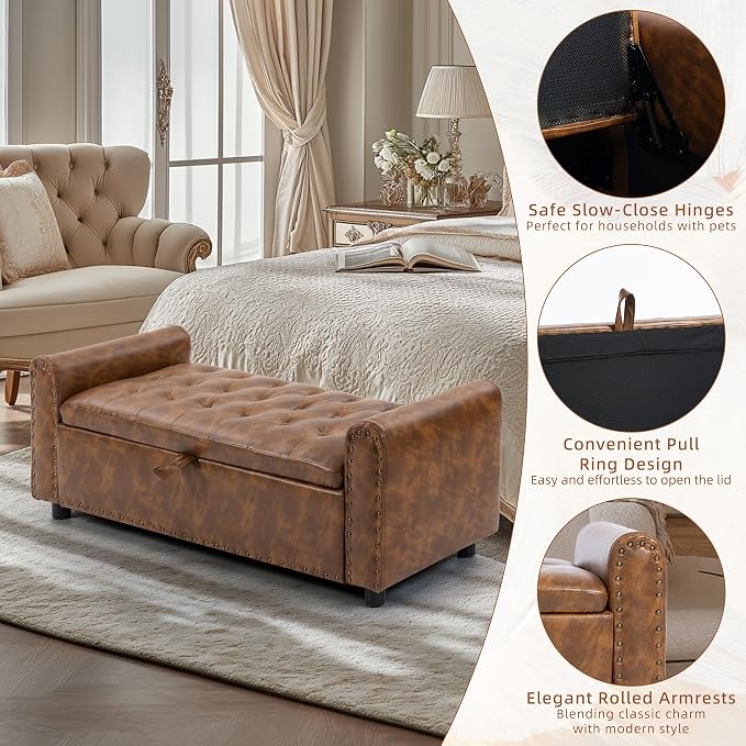 48" Ottoman with Storage, Tufted Storage Ottoman Bench, Convenient Living Room Fabrics Bench Seat, Entryway Shoe Benches with Inner Zipper & Arm, Upholstered Window Seat Ottomans with Rivets, Brown
