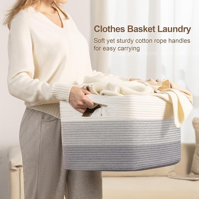 45L Small Woven Laundry Basket Hamper with Handles, Gradient Grey | collapsible wicker hamper, storage for dirty clothes, toys, blankets, gifts, living room, bedroom, bathroom, 18"x14"x11"