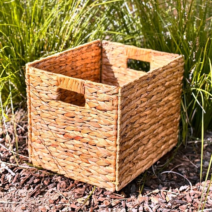 6 Hand-Woven Wicker Storage Baskets 13x11x11in, Water Hyacinth Shelf Bins | ECO-FRIENDLY & SUSTAINABLE