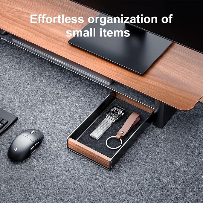 UPERGO Walnut & Aluminum Desk Drawer Organizer, Valet Tray Catchall for Men | EDC for Men, Open Top Design, Soft Felt Lining, Holds Keys Watch Pens Sticky Notes, Desk & Nightstand