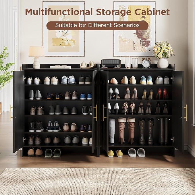 Maupvit 38.39" Tall Modern Shoe Cabinet, Entryway Storage Cabinet with Arched Doors & Gold Handles, Wood Shoe Organizer with Shelves, Freestanding Shoe Rack for Hallway, Living Room, Black