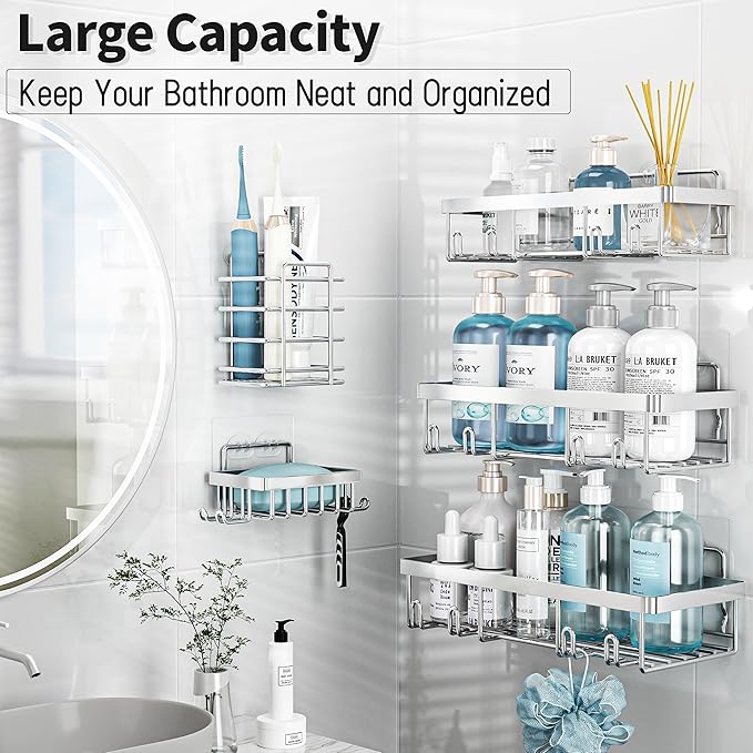 Liuoud 10 Pack Shower Caddy Organizer Rack Shelf for Inside Shower, Self Adhesive Wall Storage Basket Rustproof Stainless Steel Shampoo Holder Bathroom Accessory Decor Set, Silver