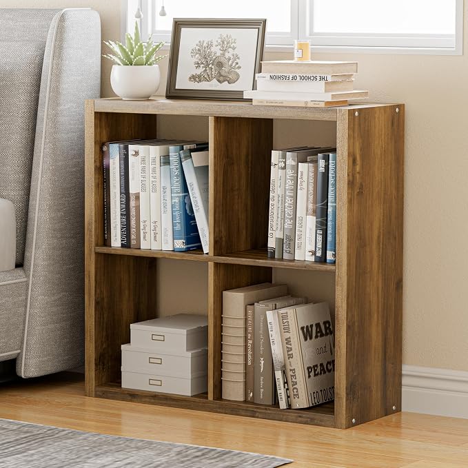 VDNEND Cube Storage Organizer Bookcase, Decorative 11 inch Open Back Cubical Shelf with Thickened Border, Display Bookshelf for Living Room, Home Office, Sturdy Room (Brown, 4 Cube)