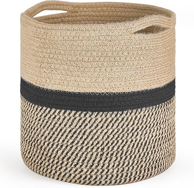 Dahey Plant Basket Indoor for 10 inch Pot Woven Jute Planter, Black | Fits 8"-10" Planters, Reinforced Structure, Foldable Laundry Bin with Handles, Jute Cotton Rope, Decorative Flower Pot Cover