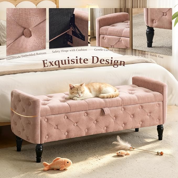 Royal Windsor 48" Ottoman with Storage,Tufted Storage Bench with Safety Hinge,Holds up to 350 lb,Black Wood Legs,Upholstered Bench with Arms for Bedroom,Living Room,Entryway,Linen Pink