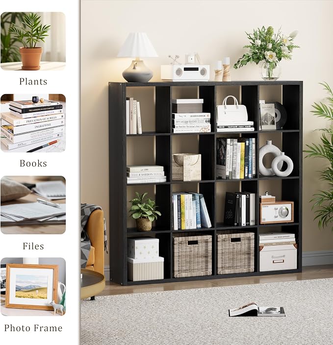 VDNEND Cube Storage Organizer Bookcase, Decorative 11 inch Open Back Cubical Shelf with Thickened Border, Display Bookshelf for Living Room, Home Office, Sturdy Room (Black, 16 Cube)