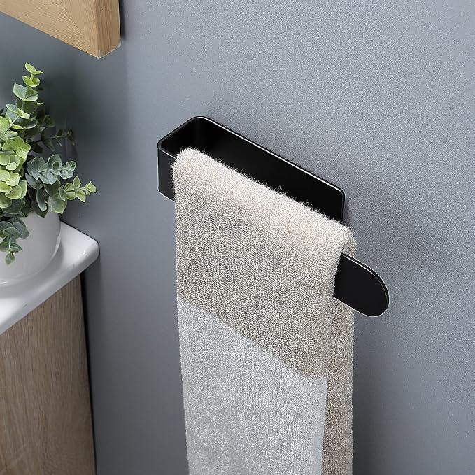 Taozun Hand Towel Holder Black - Self Adhesive Towel Bar Stainless Steel | Strong Sticky, Rustproof, Compact 7.9 inch, Perfect for Bathroom/Kitchen/Renter/Apartment/RV, No Drill, Without Damaging Wall