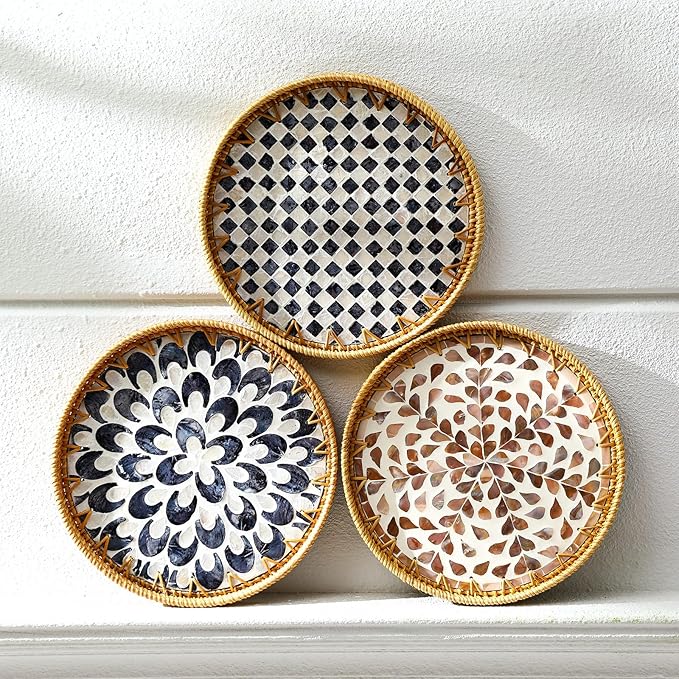 3 Pcs Round Rattan Tray with Mother of Pearl Inlay Wicker Serving Tray with Wooden Base Boho Decorative Wicker Basket for Table Decor Bathroom Candle Perfume(Modern Style)