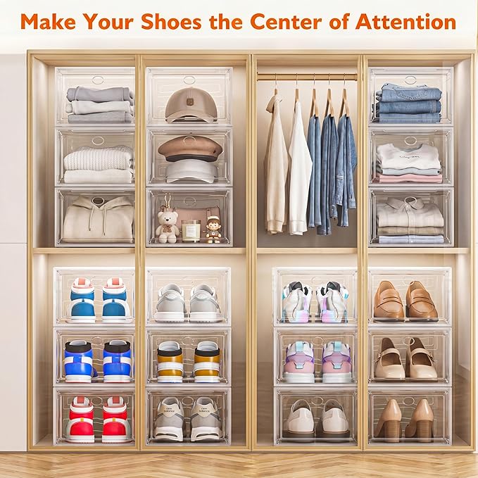 Sturdy Clear Shoe Organizer with Magnetic Door, Stackable Shoe Storage Box | Thick Plastic Shoe Storage for Sneakers & Boots, Collapsible Closet Shoe Rack and Clear Shoe Box, 6 Pack White